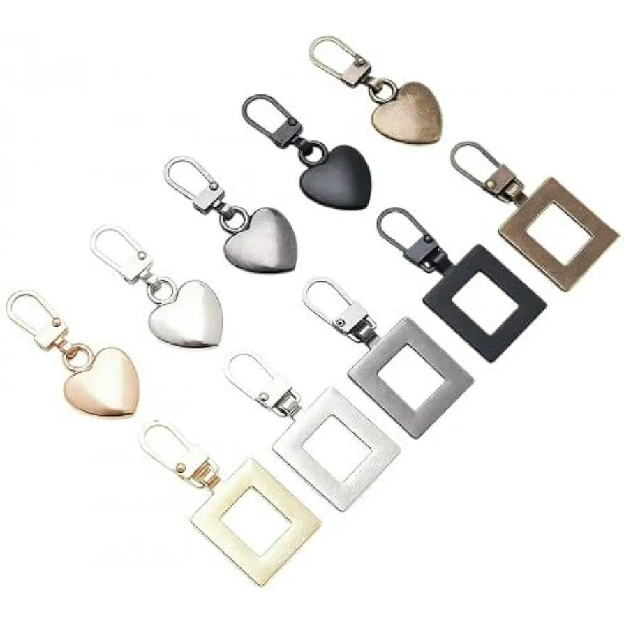Conjunto de 10 Cremalleras Metálicas con Colgantes de Corazón y Cuadrado para Ropa y Accesorios