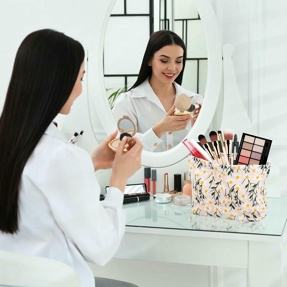 Neceser de Maquillaje Portátil - 2 Piezas, Organizador Multifuncional para Cosméticos (Color Beige con motivos florales)