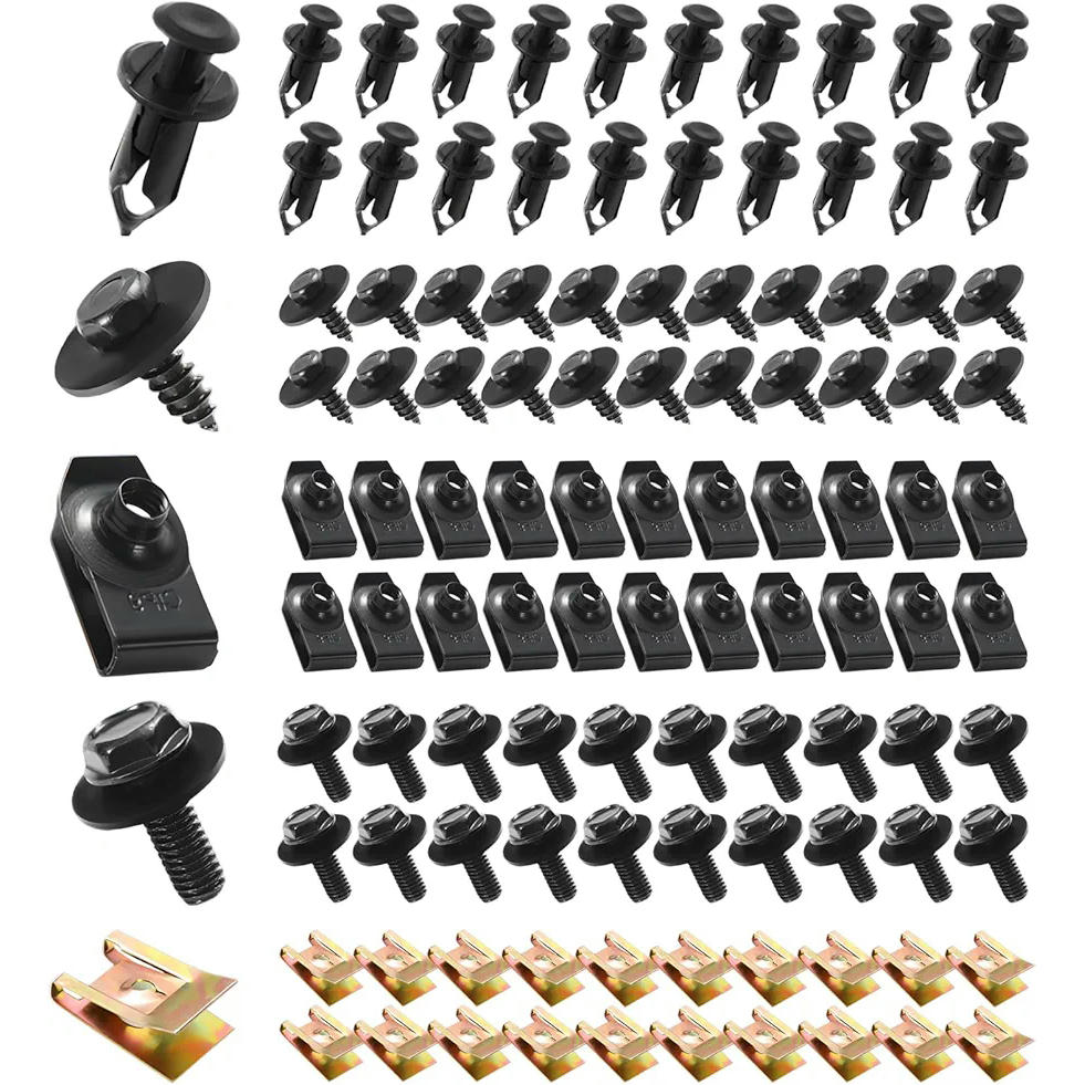 Kit de 100 Piezas de Clips y Tornillos para Coche, Accesorios de Fijación para Guardabarros, Tornillos de Metal Tipo U, Compatible con Varios Modelos