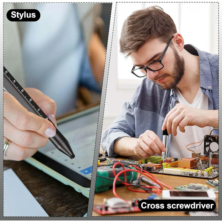 Bolígrafo Multifuncional 7 en 1, Herramienta Táctica de Aluminio, Accesorios Prácticos para Hombres, Bolígrafo con Regla, Destornillador, Abridor de Botellas y Lápiz Táctil