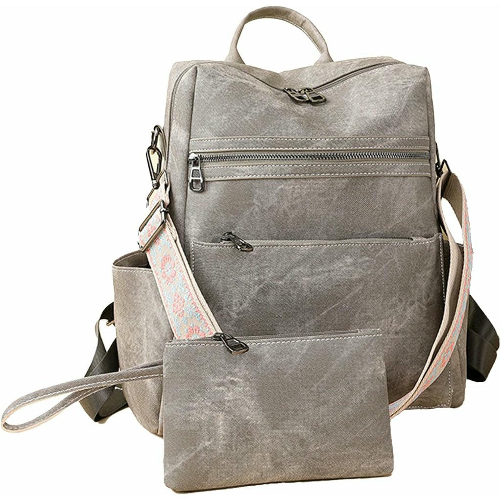 Mochila de piel sintética para mujer, gran capacidad, casual, con correa para bolso, ideal para viajes y uso diario (Gris)