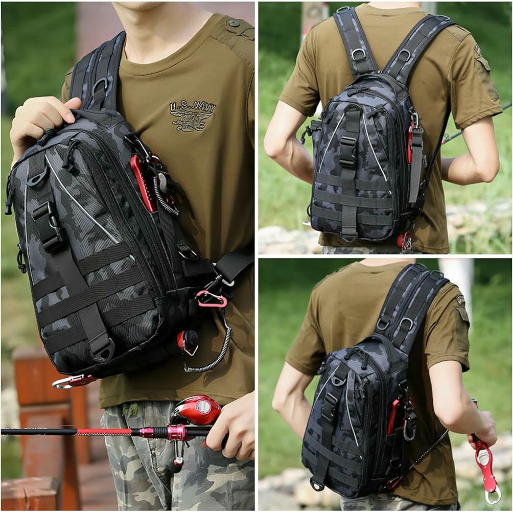 Bolsa de almacenamiento para aparejos de pesca, mochila bandolera Oxford impermeable, ideal para senderismo, caza y camping, color azul oscuro