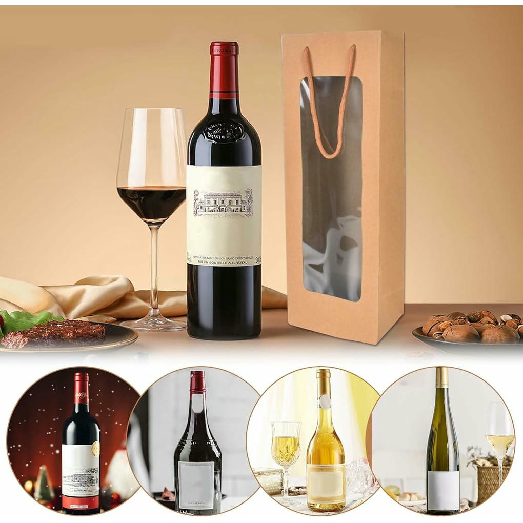 Bolsas de Vino de Papel Kraft Premium con Asas - 12 Piezas, Embalaje para Botellas, Ideal para Navidad, Bodas y Fiestas, Color Marrón