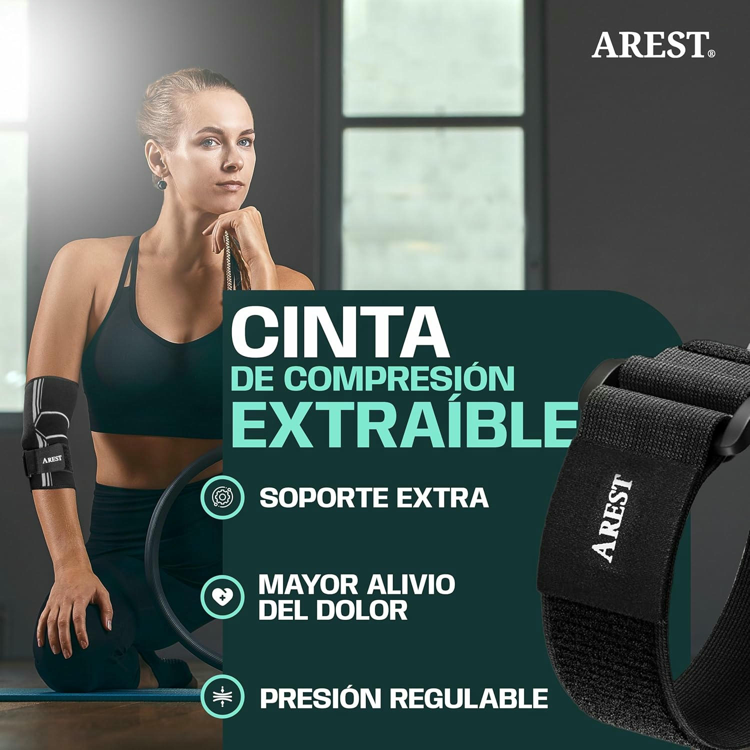 AREST Codera Deportiva con Cinta de Compresión - Codera de Compresión para Gym, Actividades Físicas - Codera Ajustable para Hombre y Mujer (M)