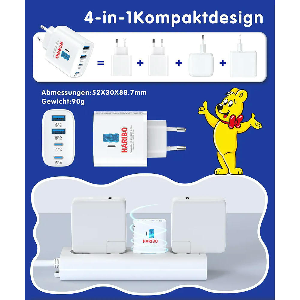 Cargador con 4 Puertos, 2 USB-A de 18W y 2 USB-C de 20W, Carga Rápida QC3.0 y PD Múltiple, Capacidad total 40W, Color Blanco