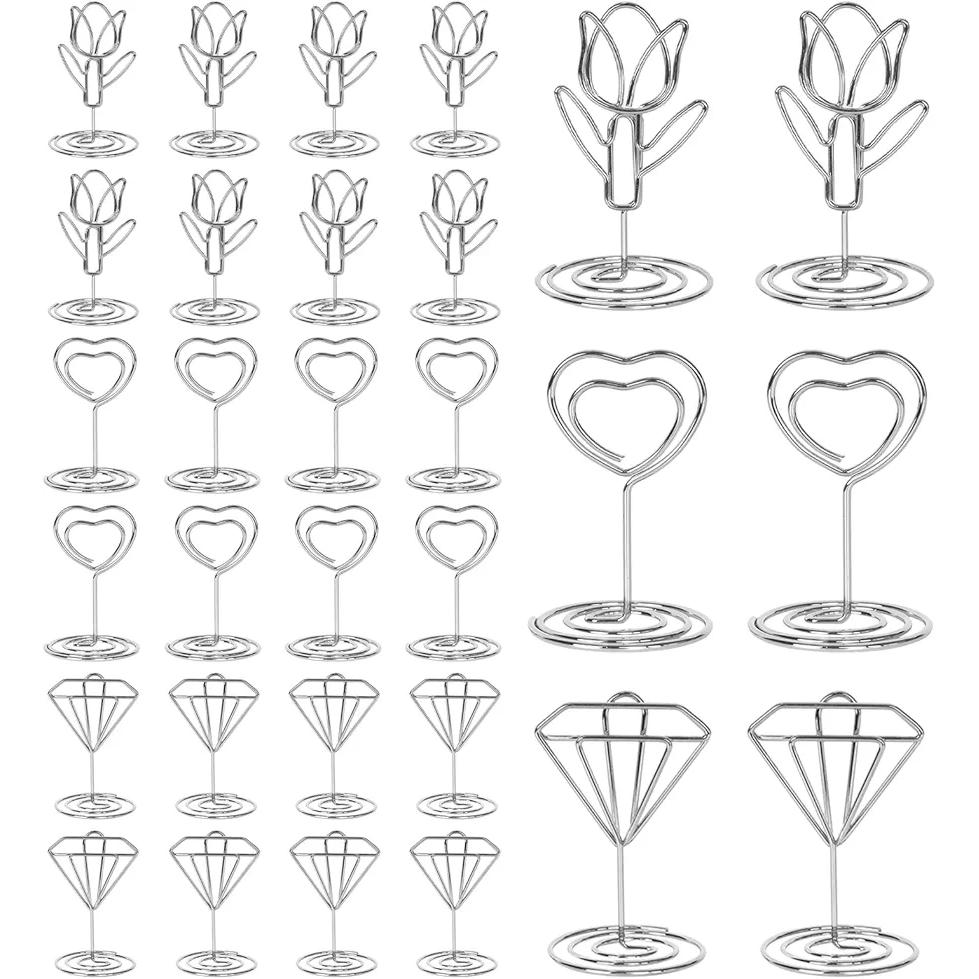 30 Piezas de Soporte para Fotos y Tarjetas con Clip para Bodas y Eventos - Diseño Corazón, Tulipán y Diamante (Plateado)