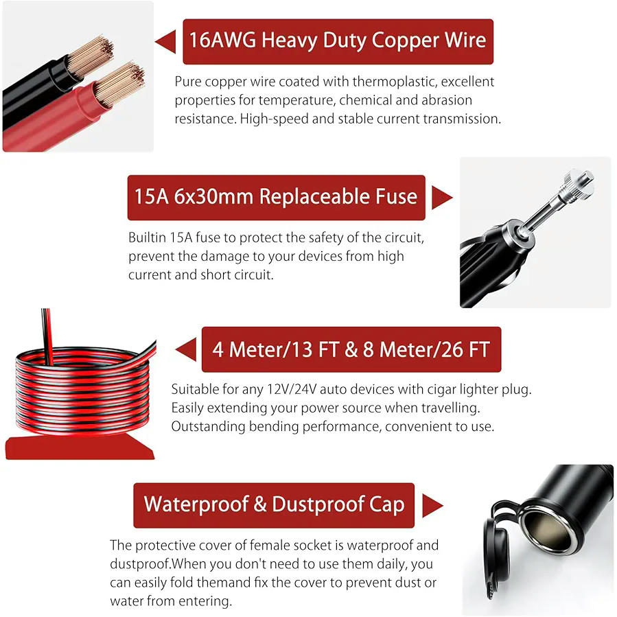 Alargador de Mechero para Coche 2 Piezas 4M - Adaptador 12V/24V con Fusible 15A y Cable de 16AWG - Extensión para Cargadores y Dispositivos