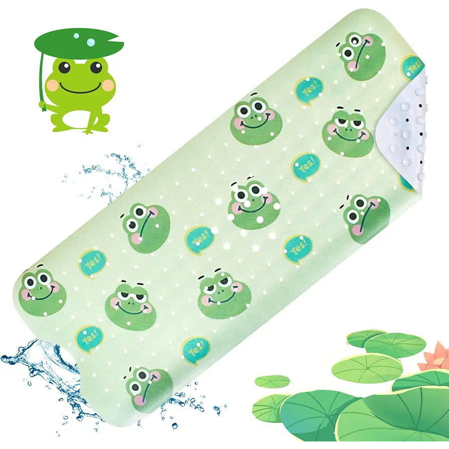 Alfombra Bañera Antideslizante Infantil 100 x 40 cm, Verde con Sapos, Lavable y Resistente al Moho, Sin BPA