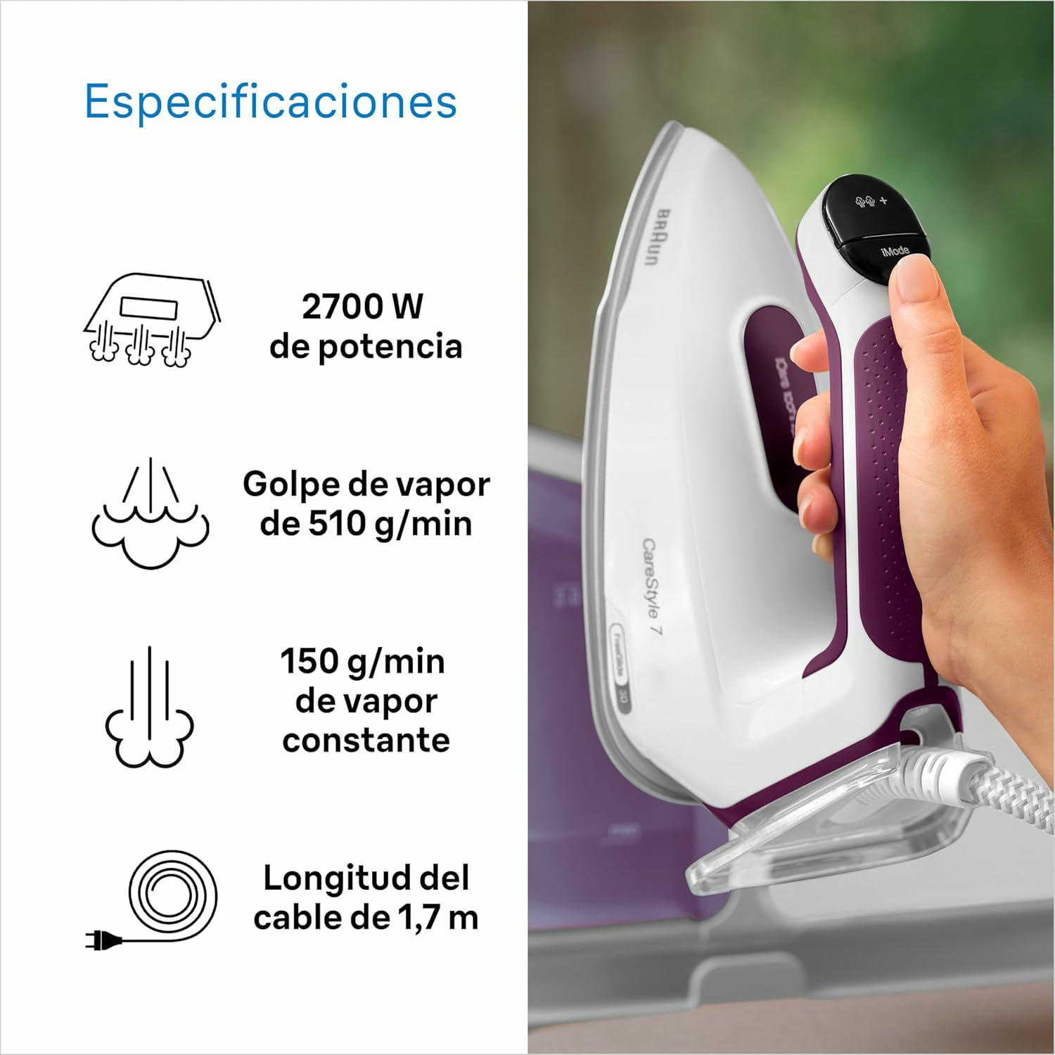 Braun CareStyle 7 IS7262GY, Centro de Planchado con Generador de Vapor Profesional, FreeGlide 3D, iMode e iCare, Planchado Vertical, Ultimate FastClean, Depósito Extraíble 2 L, 2700W, Violeta
