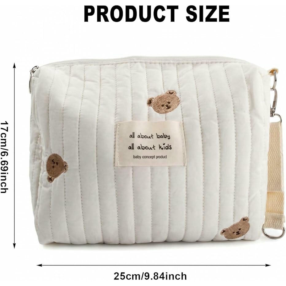 Bolsa de Pañales para Bebés con Cremallera, Diseño Atractivo y Portátil para Viajes (Blanco, con diseño de Oso marrón)