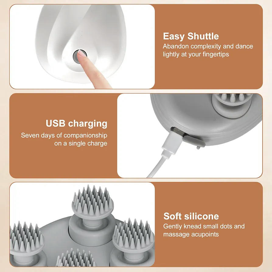 Masajeador eléctrico de cuero cabelludo portable resistente al agua, 3 velocidades, recargable USB, silicona de grado alimenticio