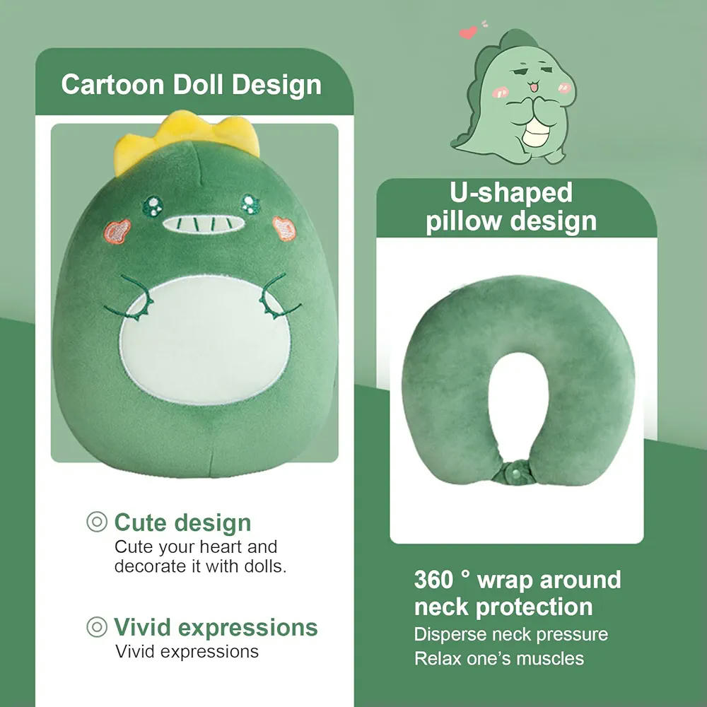 Almohada Ssuave Modelo U con Antifaz para Dormir, Almohada de Viaje para Niños y Niñas, Ideal para Avión y Coche, Diseño Dinosaurio (Verde)
