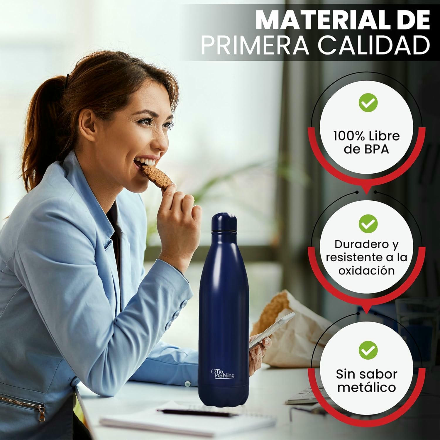 Botella de Agua Acero Inoxidable 1 Litro-Otto Koning-Botella Térmica con Doble Aislamiento al vacío para 12 Horas de Bebida Caliente y 24 Horas de Bebida Fría. Botella Termo a Prueba de Fugas sin BPA