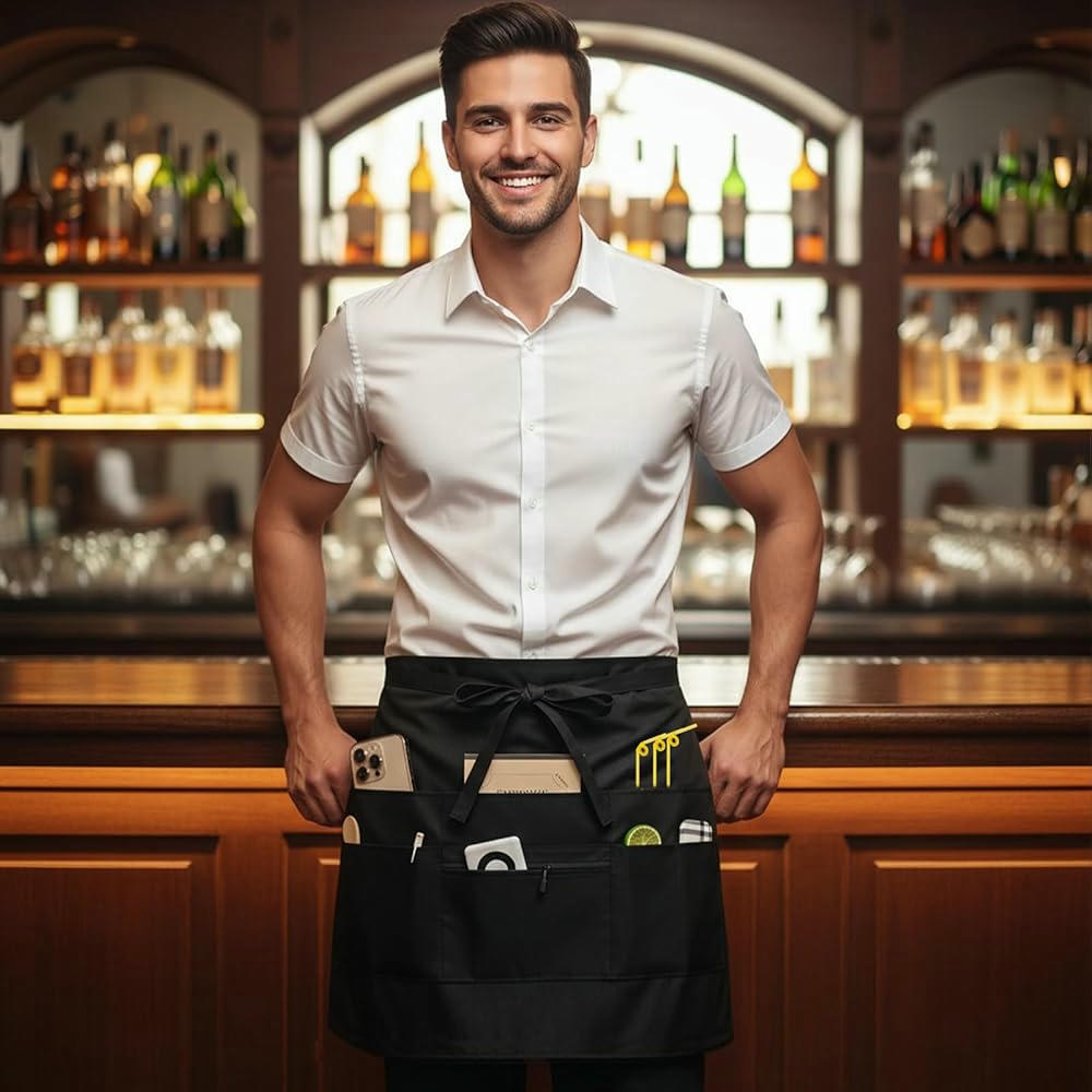 Delantal de Cocina Unisex con 8 Bolsillos - Corta Cintura, 71x50 cm, Color Negro