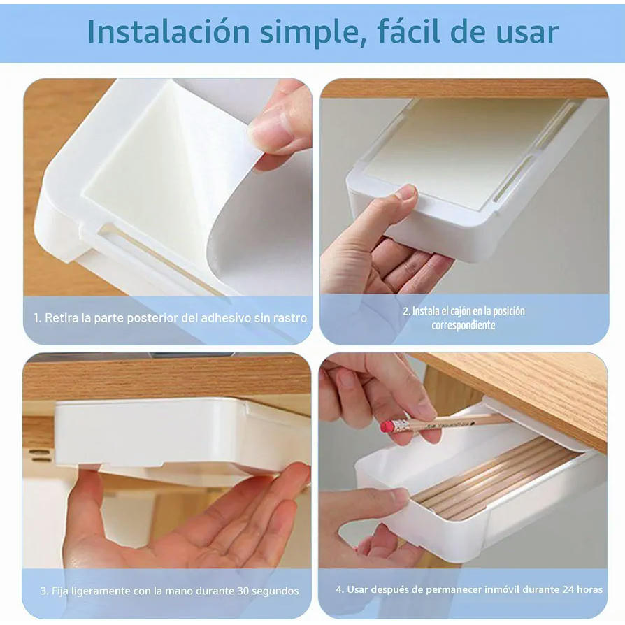 Cajones Ocultos Autoadhesivos - Organizador Bajo Escritorio con Doble Fijación para Oficina y Accesorios (Blanco)