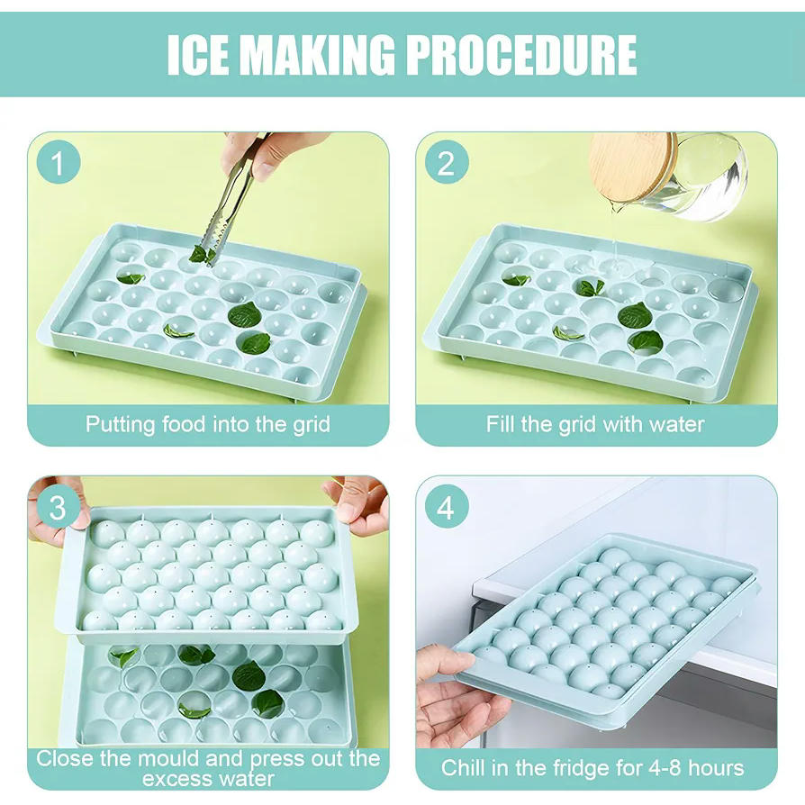 Bandeja para cubitos de hielo con tapa hermética, molde reutilizable para 32 cubitos, material alimentario, incluye pala y recipiente, ideal para bebidas y fiestas
