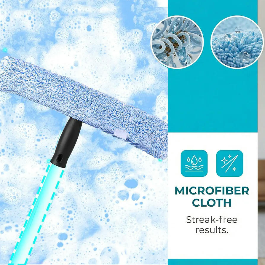 Kit de Limpiacristales Multifuncional con Escobilla de Silicona y Paños de Microfibra, Ergonómico y Extensible