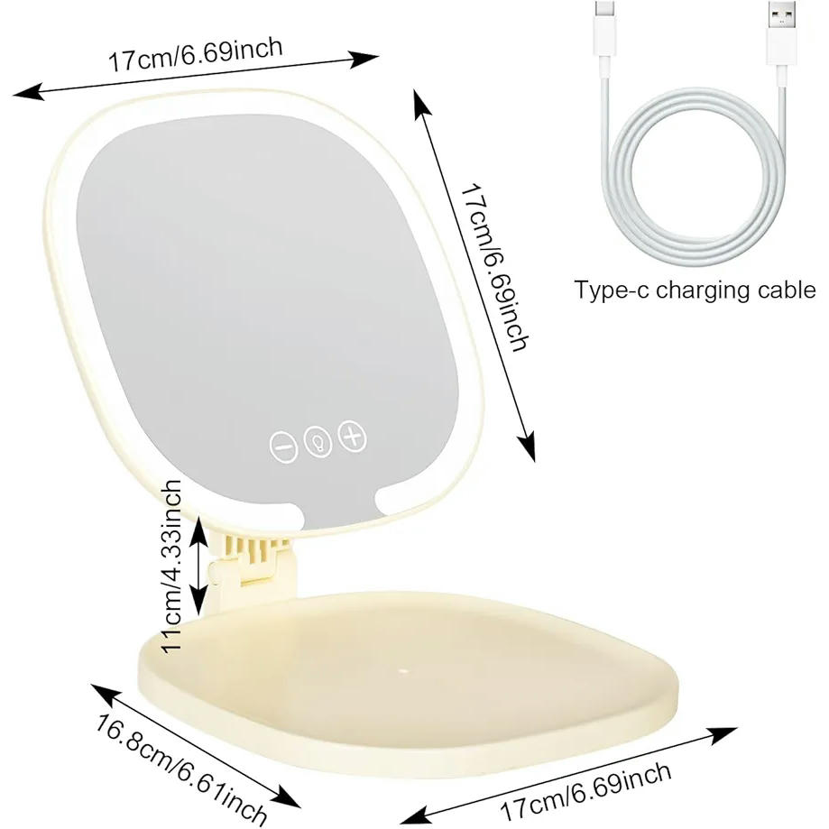 Espejo de Maquillaje Plegable Iluminado Recargable con 3 Colores y Pantalla Táctil para Viajes (Blanco)