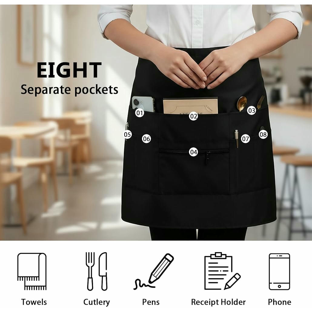 Delantal de Cocina Unisex con 8 Bolsillos - Corta Cintura, 71x50 cm, Color Negro