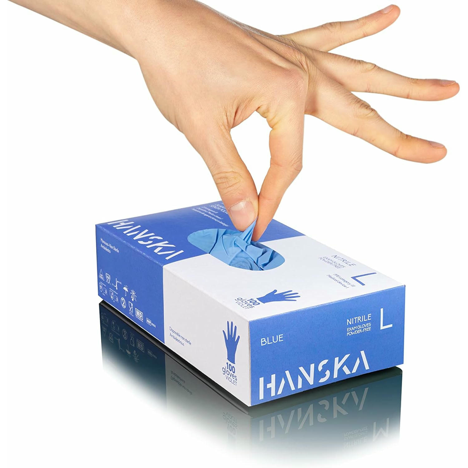 HANSKA Guantes desechables Nitrilo Azul - Sin Polvo - Desechables - Ambidextros - No estériles - Base de goma - Apto para ámbitos médicos, manipulación de alimentos (100, M)