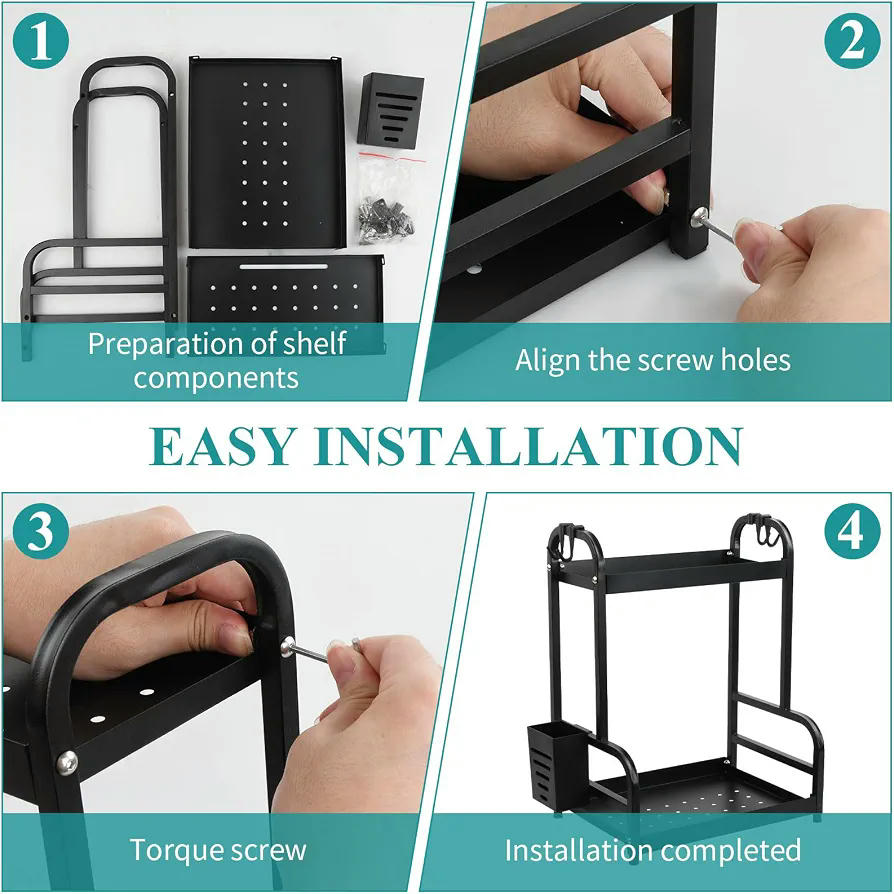 Especiero de Cocina de 2 Niveles con Soporte para Utensilios y Ganchos, 30 x 22,5 x 40 cm, Negro