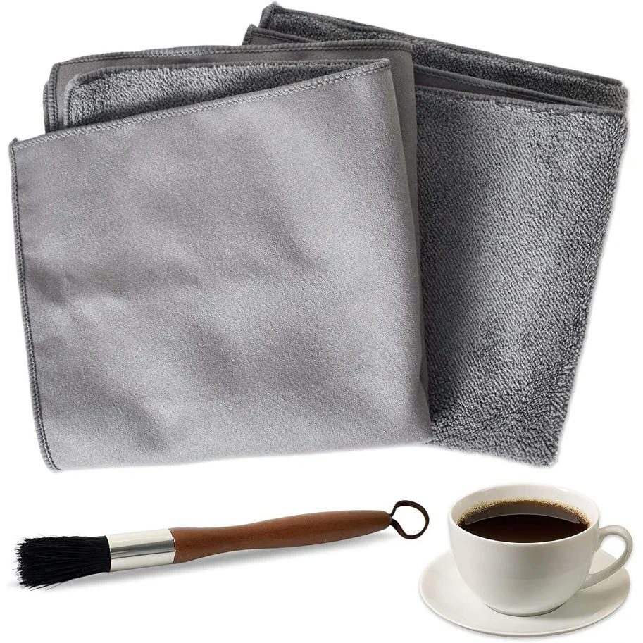 Set de Limpieza para Cafeteras con Brocha de Madera y 2 Paños de Microfibra (Gris)