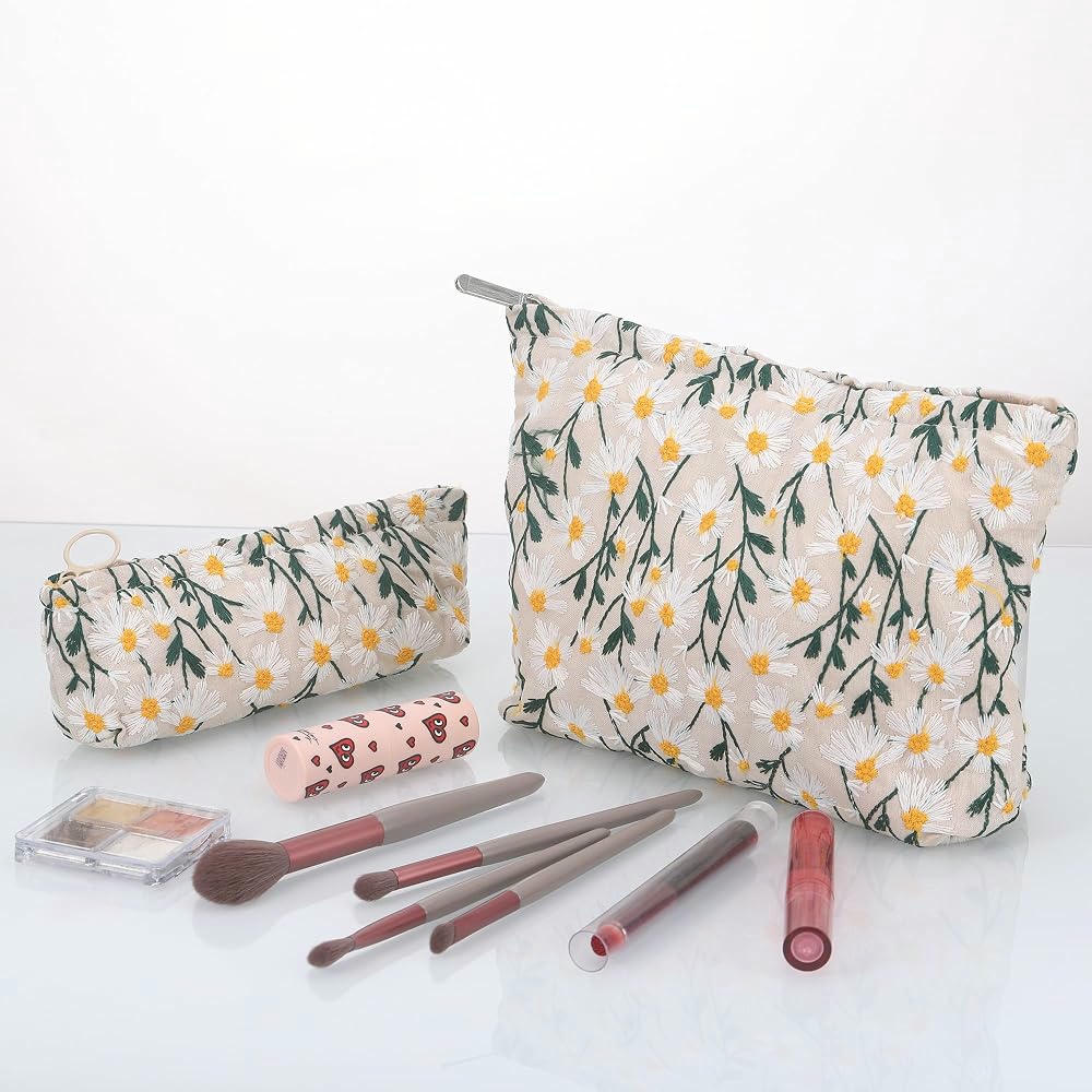 Neceser de Maquillaje Portátil - 2 Piezas, Organizador Multifuncional para Cosméticos (Color Beige con motivos florales)