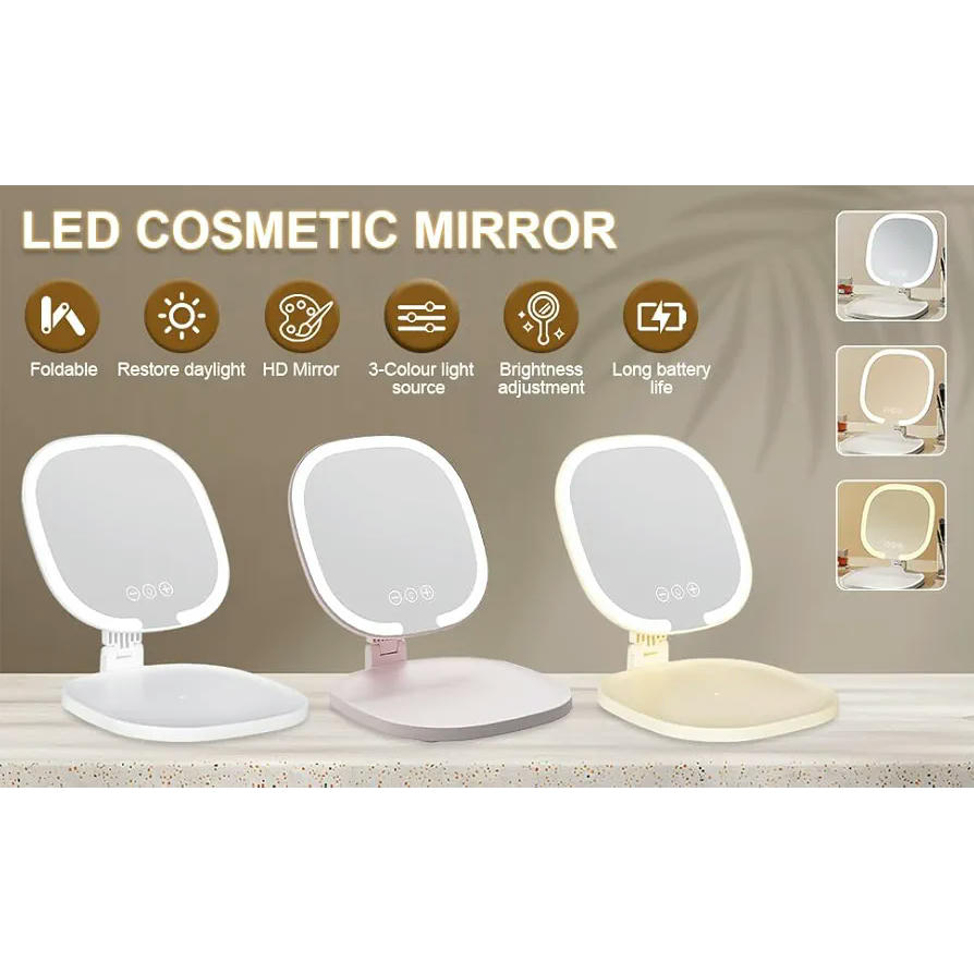 Espejo de Maquillaje Plegable Iluminado Recargable con 3 Colores y Pantalla Táctil para Viajes (Blanco)