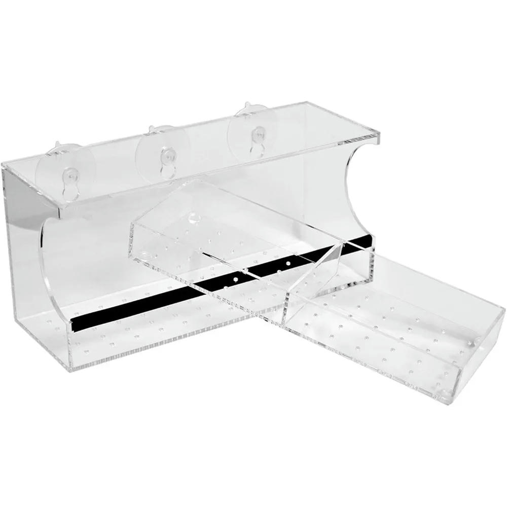Comedero para pájaros transparente de acrílico, modelo con ventosas, alimentador ideal para periquitos y canarios, suministros de alimentación para balcón y jardín (30 cm, transparente)