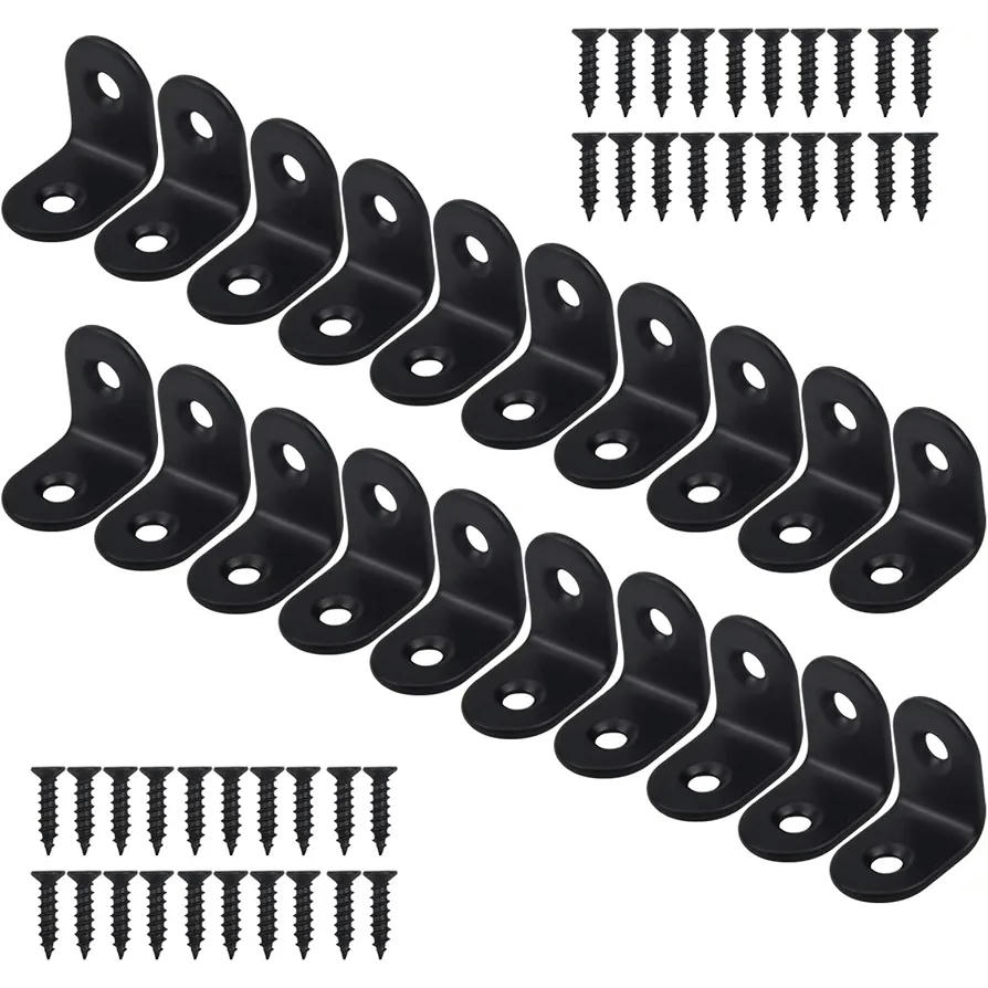 Conectores angulares negros 20 unidades 20x20 mm con tornillos, refuerzo antienvuelco para muebles, perfiles angulares perforados para mesas y armarios (color negro)