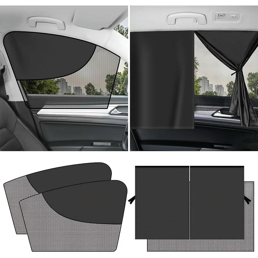 Sombrilla para coche, 2 piezas cortinas laterales 50 x 48 cm y 2 piezas cortinas traseras 69 x 47 cm, parasol magnético desmontable para vehículo