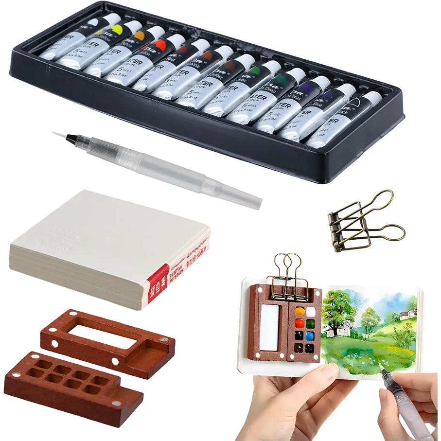 Set Portátil de Acuarelas de Viaje con 12 Colores, Paleta, Pincel y Mini Cuaderno 8 x 8 cm