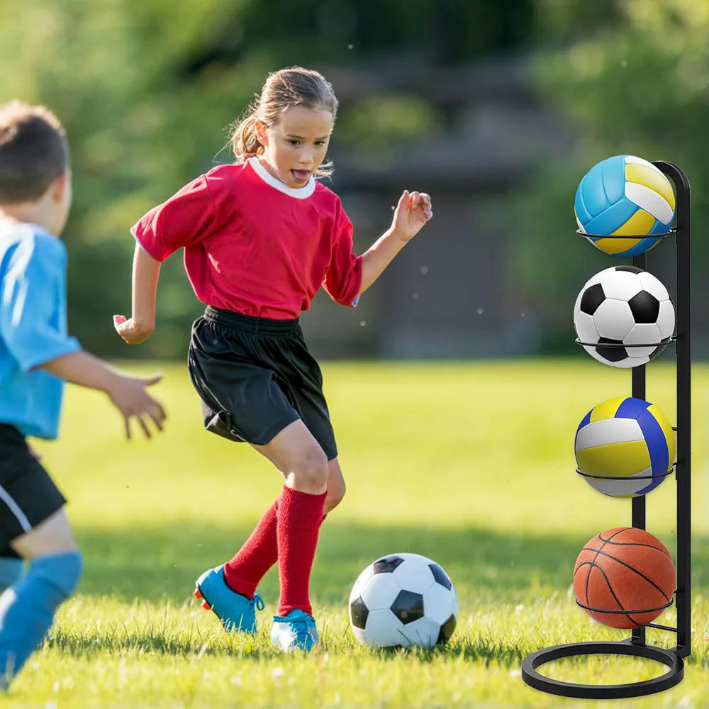 Estante de Almacenamiento Vertical para 4 Pelotas, Soporte Extraíble para Baloncesto, Fútbol y Voleibol (Negro)