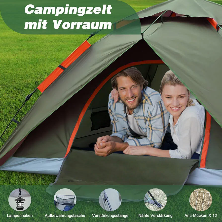 Tienda de campaña automática para 2 a 4 personas, 300 x 240 x 145 cm, impermeable y resistente al viento (Verde)