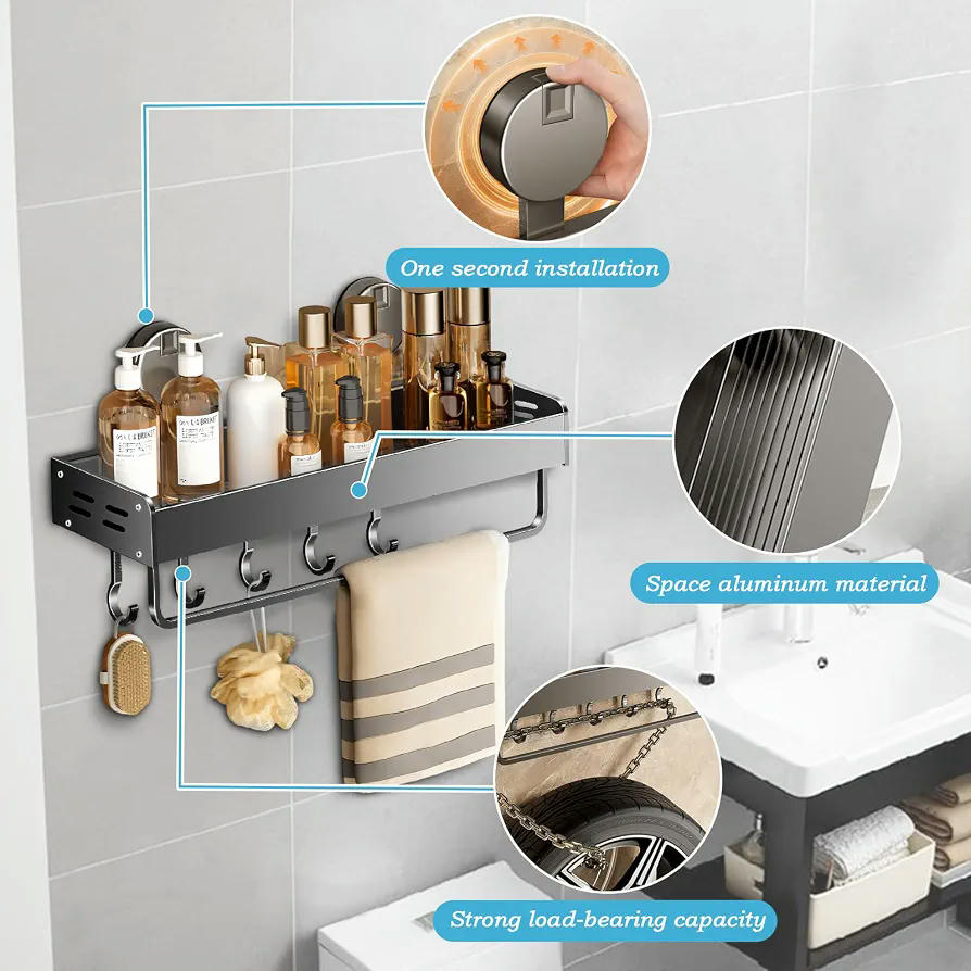 Estante de Ducha con Ventosa Sin Taladro, Organizador Multiusos para Baño y Cocina (Negro)