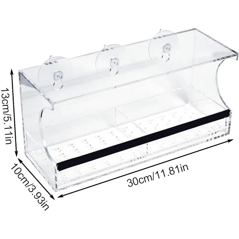 Comedero para pájaros transparente de acrílico, modelo con ventosas, alimentador ideal para periquitos y canarios, suministros de alimentación para balcón y jardín (30 cm, transparente)