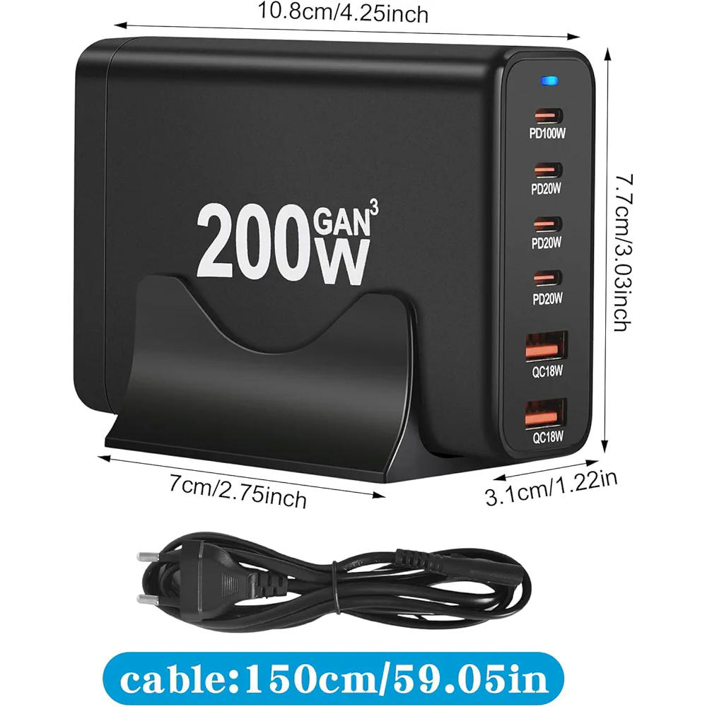 Cargador USB C de 200 W con 6 Puertos: 4 USB-C y 2 USB-A para Carga Rápida (Negro)