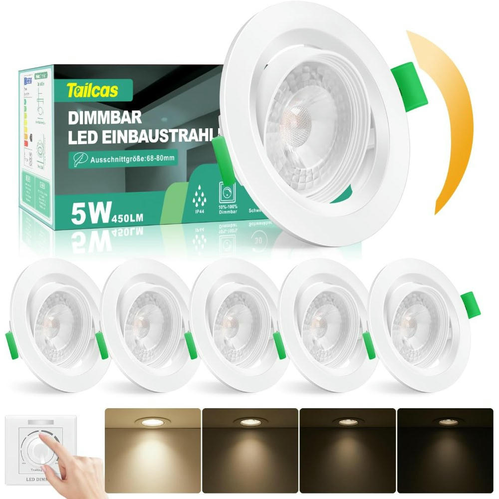 Focos LED Empotrables 230V 5W 450LM Dimmables IP44, Luz Neutra 4000K, Focos Orientables para Baño, Cocina, Sala, Set de 6 Unidades