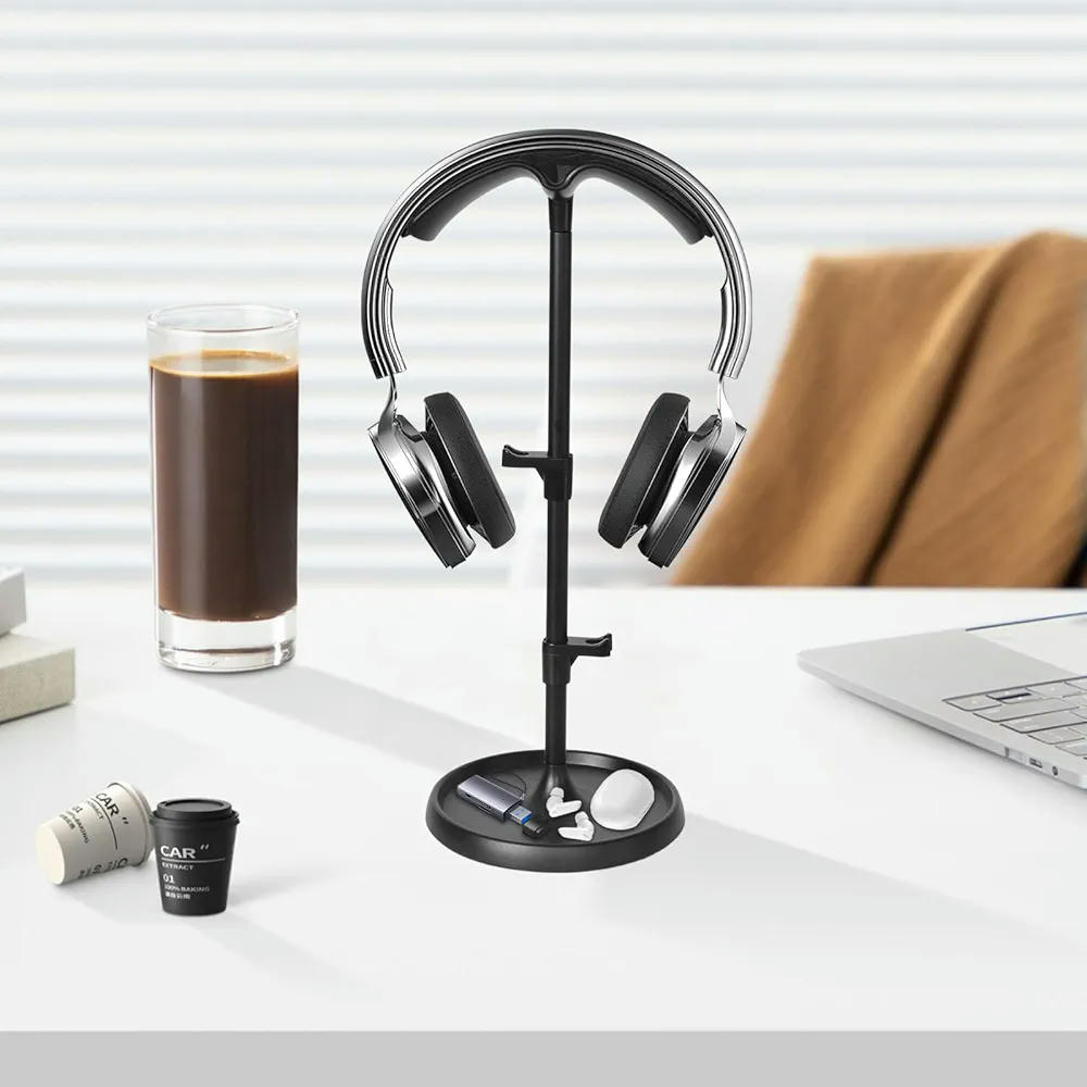 Soporte Curvo para Auriculares con Bandeja de Almacenamiento, Accesorios de Escritorio para Juegos (Negro)