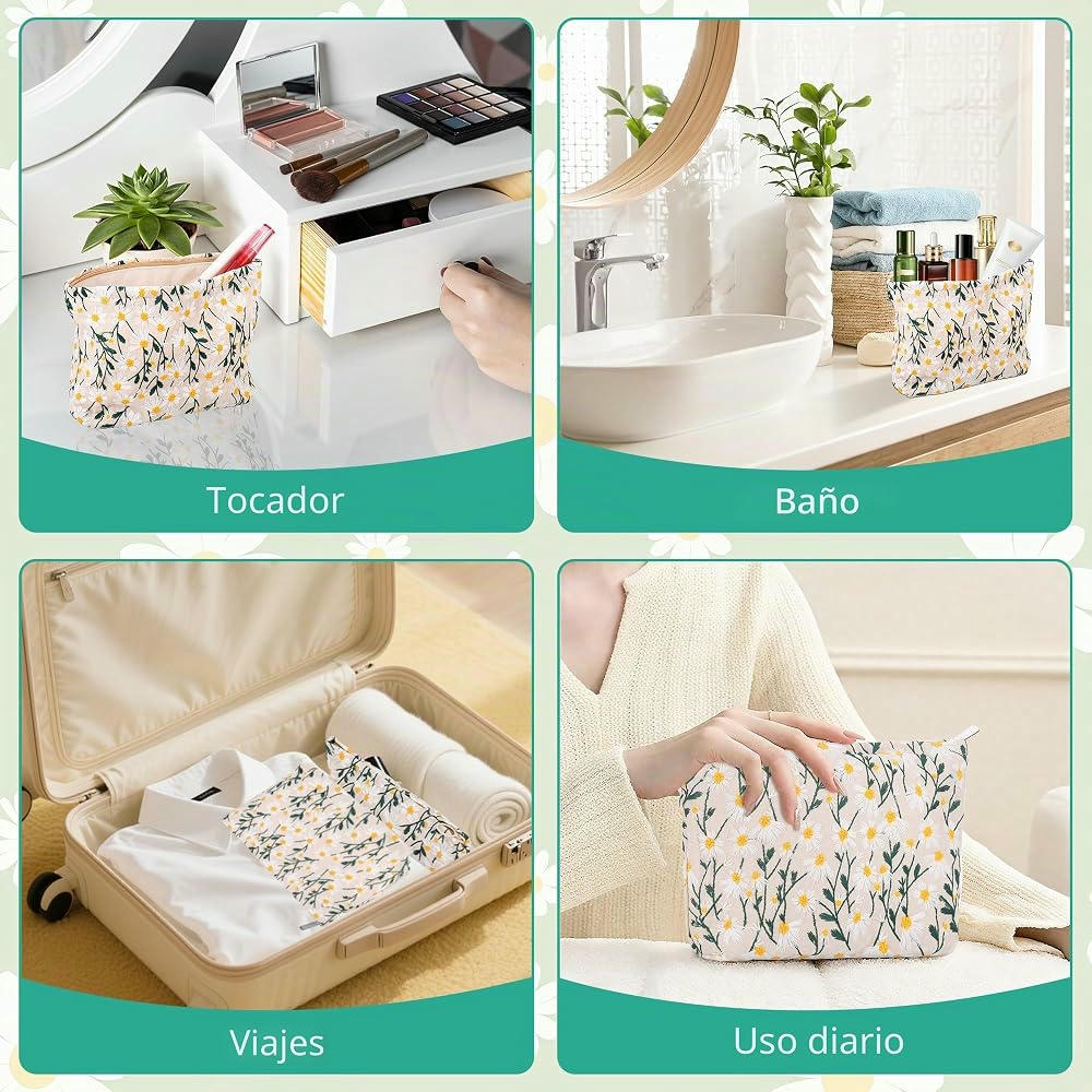 Neceser de Maquillaje Portátil - 2 Piezas, Organizador Multifuncional para Cosméticos (Color Beige con motivos florales)