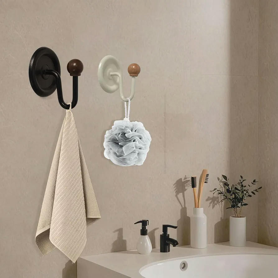4 Ganchos Autoadhesivos Multifuncionales para Toallas y Abrigos - Diseño Redondo con Vetas de Madera