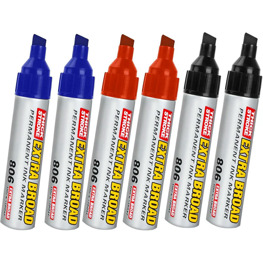 Set of 6 Jumbo Permanent Markers for Multiple Surfaces, 2 Blue, 2 Red, 2 Black
