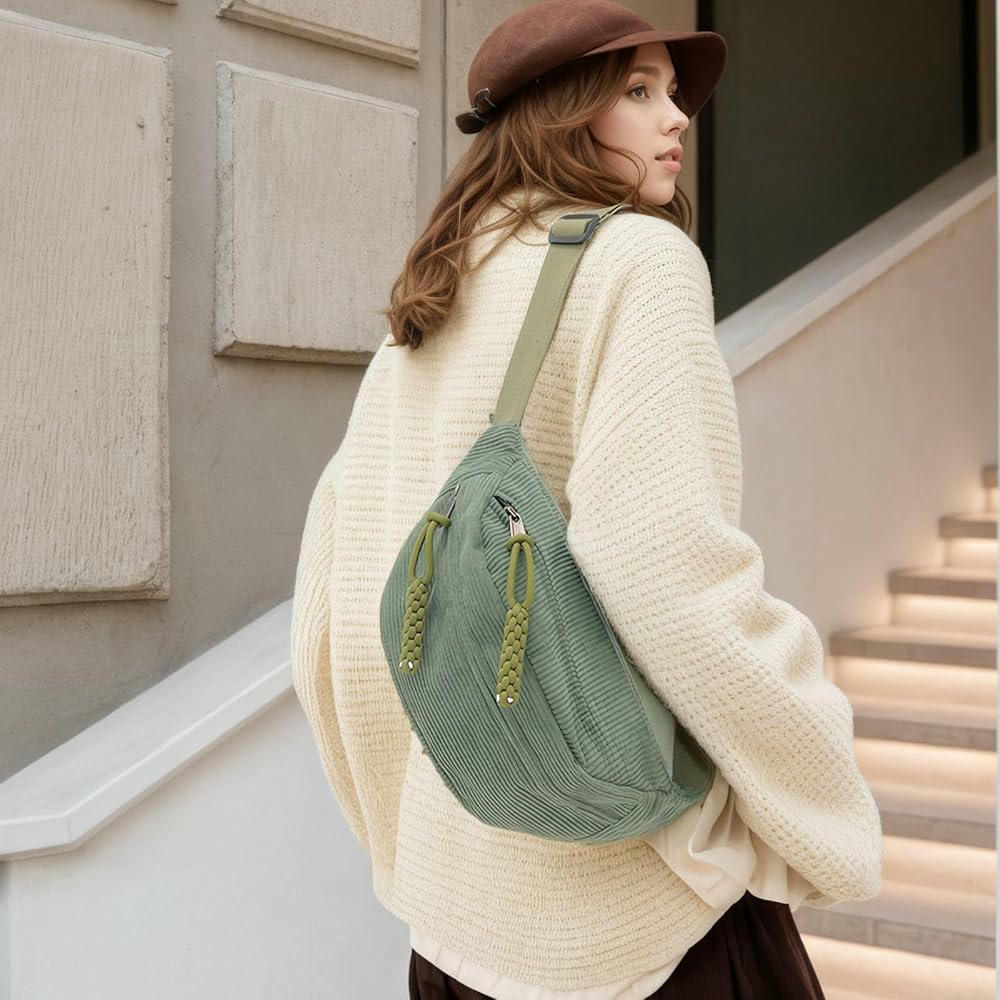 Bossa de pana verda per a homes i dones, bossa creuada ajustable per a córrer, fer senderisme, escola i viatges