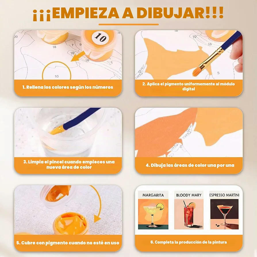 Set de Pintar con Números para Adultos y Niños - 6 Piezas de 30x20cm con Temática de Cócteles (Multicolor)