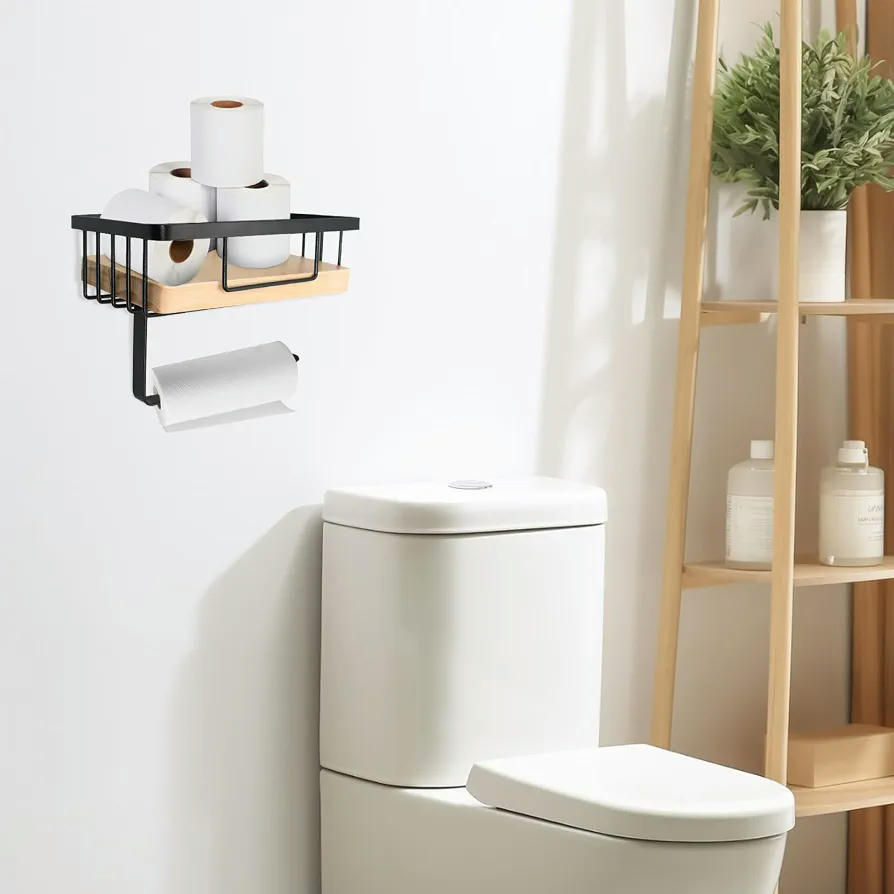 Portarrollos de papel higiénico con estante de madera y metal, montaje en pared sin taladrar (Negro)