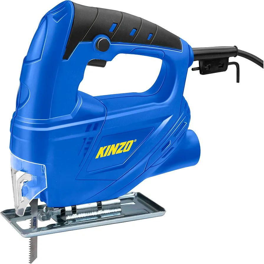 Kinzo Sierra de calar – 230 V – 400 W – con extracción de polvo – Hoja protectora – Varios materiales – Madera hasta 65 mm – Metal hasta 6 mm – Azul, 8711252064161