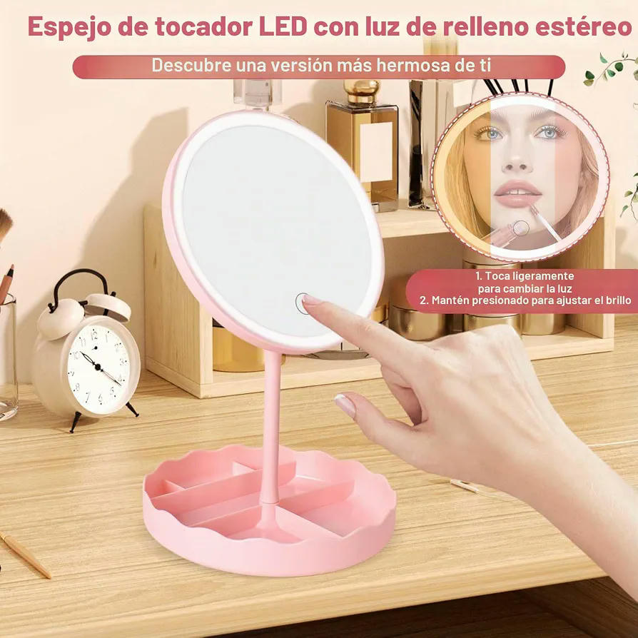 Espejo de Maquillaje con Luz LED y botón táctil, Iluminación Regulable y Diseño Elegante (Rosa)