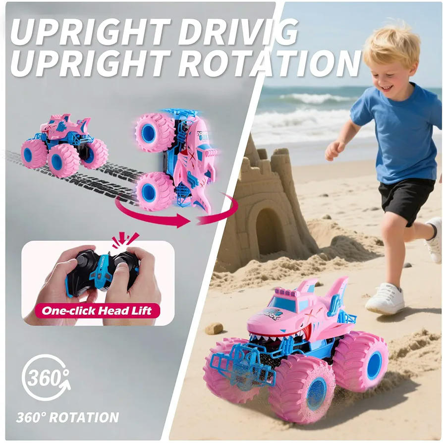 Coche teledirigido anfibio rosa en forma de tiburón para niños y niñas de 4 a 12 años, 4WD