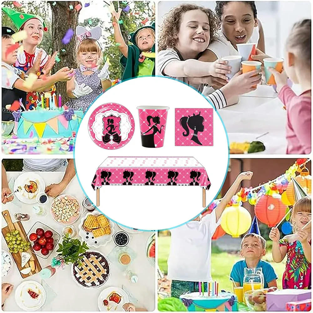 Juego de vajilla de 51 piezas con diseño de motivos para fiestas, ideal para cumpleaños y celebraciones (Rosa)