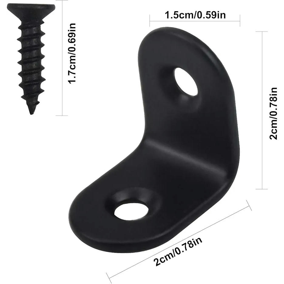 Conectores angulares negros 20 unidades 20x20 mm con tornillos, refuerzo antienvuelco para muebles, perfiles angulares perforados para mesas y armarios (color negro)